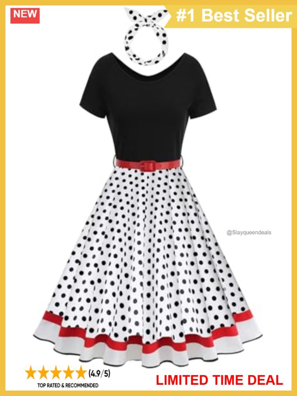50s Style Vintage Short Sleeve Swing Midi Dress with Bow Headband